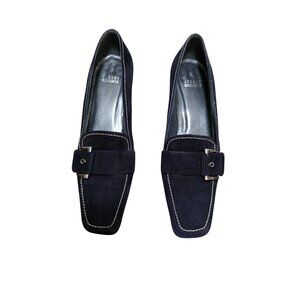 Stuart Weitzman Women's Navy Suede Loafers With Buckle Detail & Contrast Stitchi